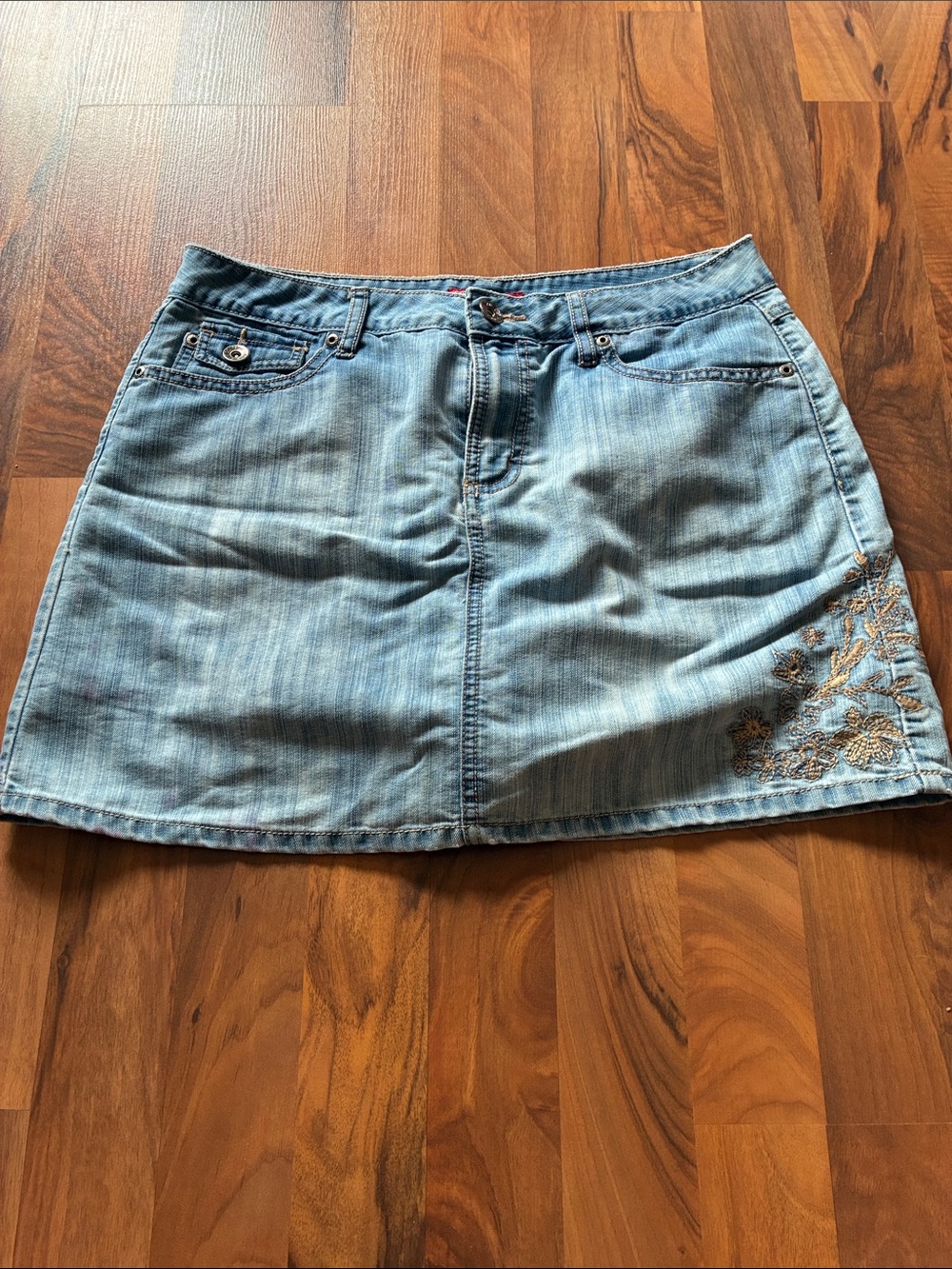 Faded Glory Light Blue Denim Mini Skirt with Floral Embroidery